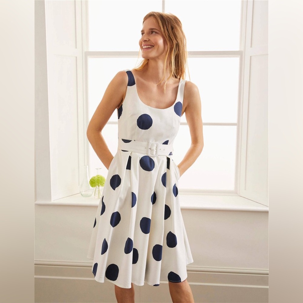Boden White Midi Dress with Navy Polka Dots and Belt
